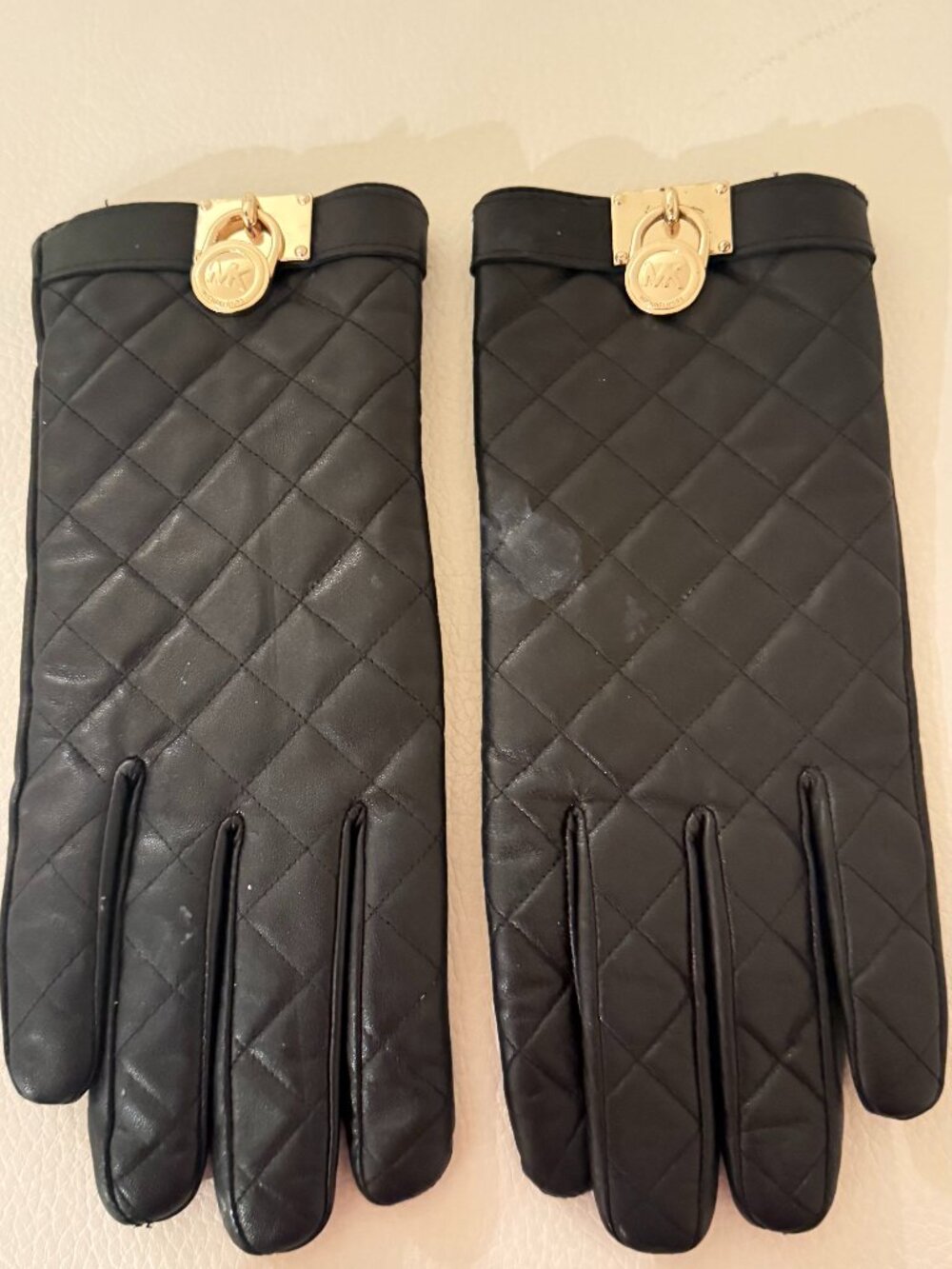 Michael Kors Black Quilted Leather Gloves Gold MK Logo lock charm XL